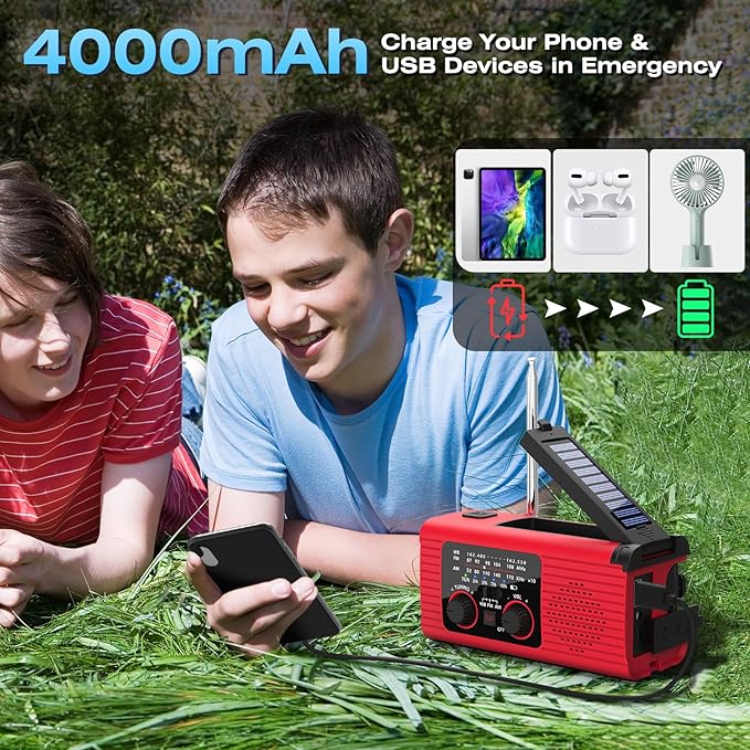 NITIGO Emergency Weather Radio, 4000mAh NOAA Weather Alert Radio Solar Charging, Hand Crank & USB Charged, AM/FM with LED Flashlight, Reading Lamp, SOS Alarm, Headphone Jack for Outdoor Indoor
