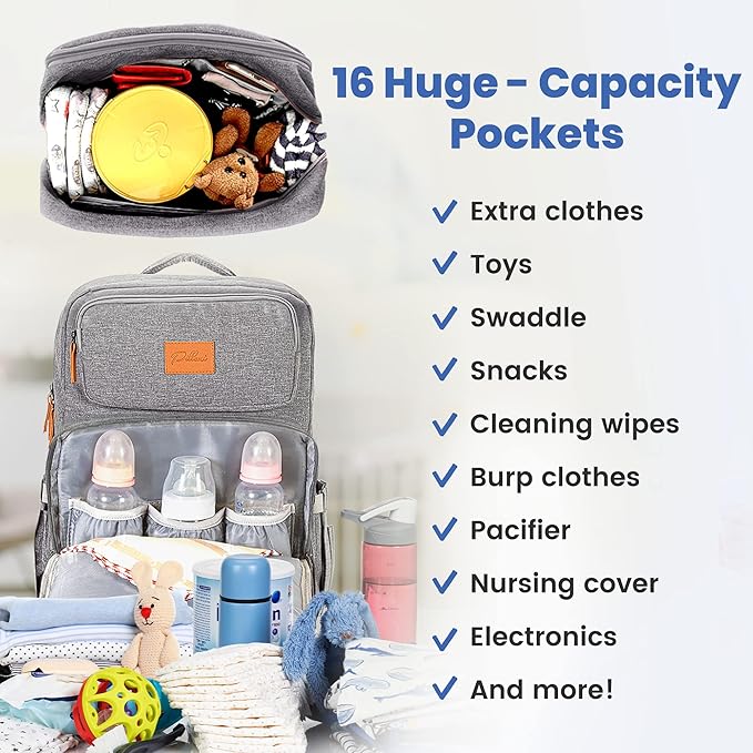 PILLANI Baby Diaper Bag Backpack - Large Bag for Boys & Girls, Waterproof Diaper Backpack - Travel Diaper Bags w/Changing Pad, Baby Registry Search & Shower Gifts - Essentials Must Haves Newborn Stuff