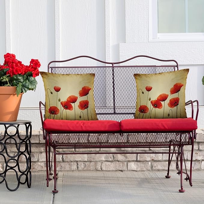 Swono Poppies Throw Pillow Cases, Grunge Poppy Flower Field Set of 2 Decorative Throw Pillow Cover, Square Pillow Cushion Case Home Decor for Sofa Couch Bed Car 18x18 Inches, Brown Red