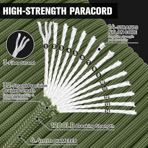 1200 Paracord Rope - 4.4mm 14 Strand Nylon Parachute Spool para Cord Lanyard for Outdoor Camping Survival Utility Tent Crafting DIY Projects Fishing Clothsline Bracelet - ArmyGreen 100FT