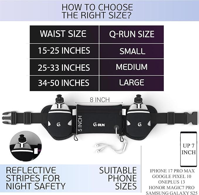 Q-RUN Hydration Running Belt with 2 x 10oz Water Bottles, No Bounce Adjustable Waist Belt for Men & Women, Marathon Running Gear