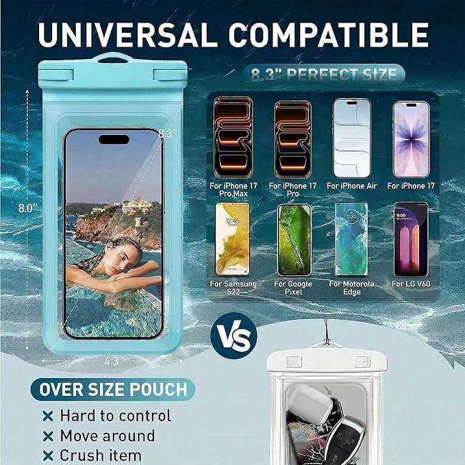 Waterproof Phone Case, with Inside Card Holder, Large Waterproof Pouch for iPhone 17 16 15 14 13 Pro Max, IPX8 Certified Cellphone Travel Accessories for Vacation Must Haves, 1 Pack-Blue-8.3″