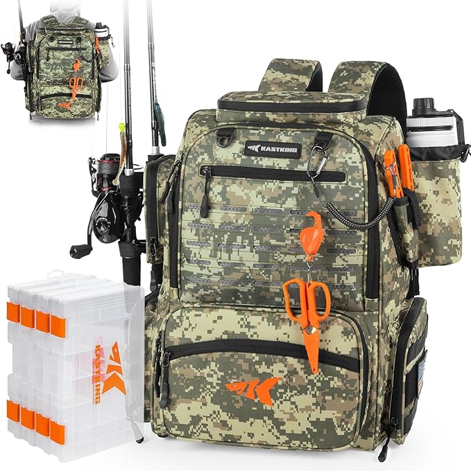 KastKing Bait Boss Fishing Tackle Backpack with Rod Holders-4 Tackle Boxes-Rain Cover,45/43L Large Storage for Fishing Gear