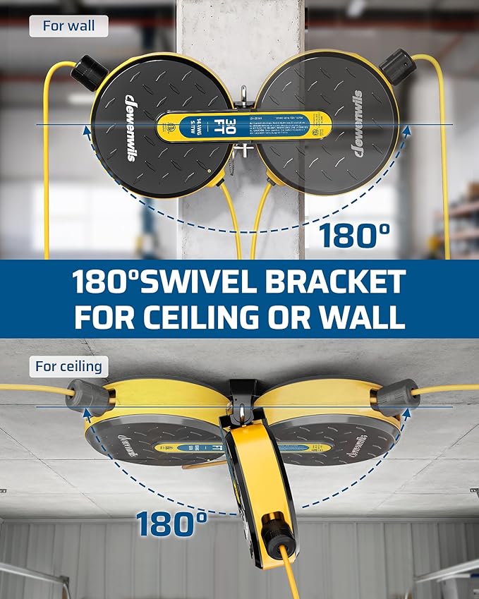 DEWENWILS 30FT Retractable Extension Cord Reel, Ceiling/Wall Mount 14/3 SJTW Power Cord with 3 Lighted Triple Outlets for Garage Shop, 13 Amp Circuit Breaker, Metal Plate, ETL Listed, Yellow