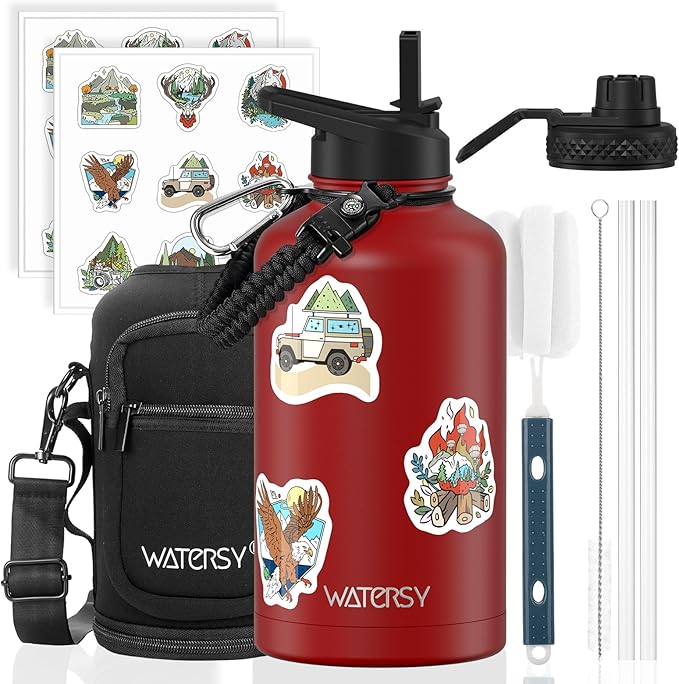 64oz Insulated Water Bottle (Cold for 48 Hrs),BPA Free&Leak Proof,Half Gallon Stainless Steel Water Flask,Water Jug with Straw Spout Lids for Gym,Hiking,Camping,Red