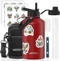 64oz Insulated Water Bottle (Cold for 48 Hrs),BPA Free&Leak Proof,Half Gallon Stainless Steel Water Flask,Water Jug with Straw Spout Lids for Gym,Hiking,Camping,Red