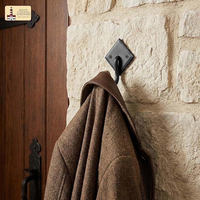 Mystic Colonial Rustic Cast Iron Wall Hooks, 3.6" Heavy Duty Coat Hooks for Coat, Bag, Towel, Hat & Robe, Mounting Hardware Included, Black, Pack of 1