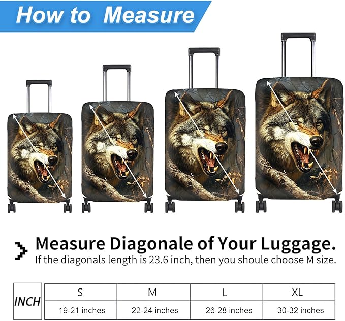 Luggage Cover Protector for 22-24 Inch Suitcases, TSA Approved Elastic Travel Suitcase Covers, Anti-Scratch Washable Luggage Sleeve for Carry On & Checked Bags, Fierce Wolf