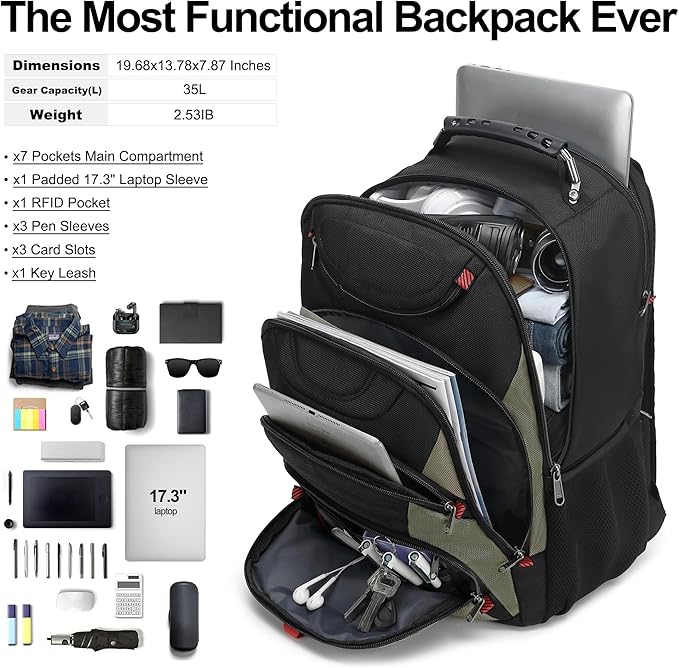 Boavan Laptop Backpack for men, 17.3 inch Laptop Bag with USB Port, Waterproof Travel Work Backpack Purse, Anti-Theft Teacher Nurse Doctor Casual Bookbags Office Business backpack，Black&Army Green