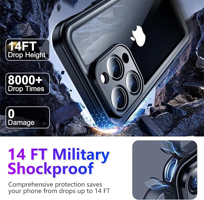 Temdan Compatible with iPhone 14 Pro Max Case Waterproof, Built-in Screen & Camera Protector IP68 Underwater Full Body 14FT Military Dropproof Shockproof Phone Case 6.7"-Blue/Clear