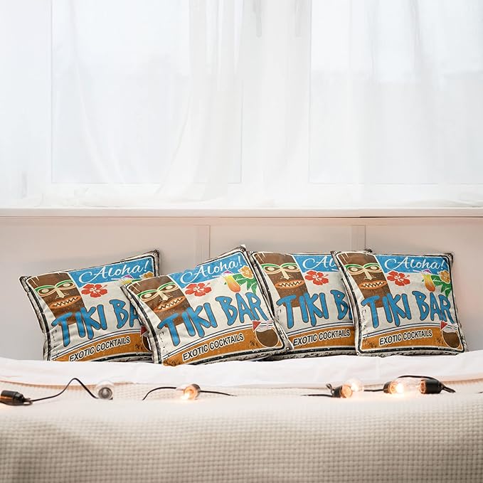 Ambesonne Tiki Bar Decorative Throw Pillow Case Pack of 4, Rusty Vintage Sign Aloha Exotic Cocktails and Coconut Drink Antique Nostalgic, Cushion Cover for Couch Living Room Car, 20", Brown Blue