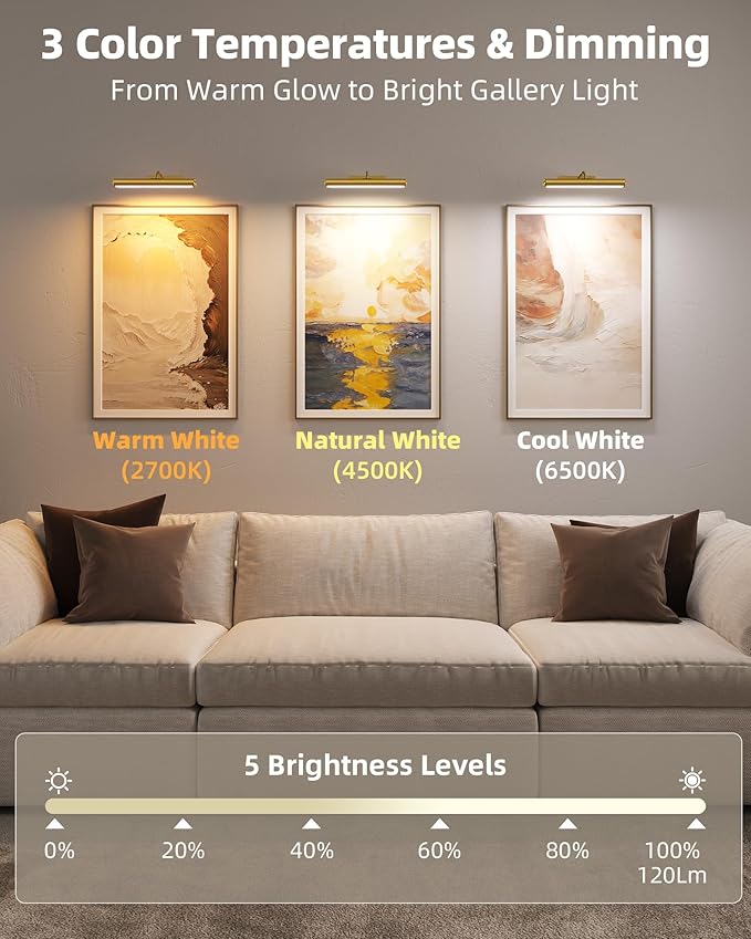 EZVALO Wireless Picture Light for Wall, 13 Inch 4000mAh Rechargeable Battery Painting Light with Remote, 3 Color Temps Dimmable Gold LED Art Light for Gallery, Living Room, Hallway
