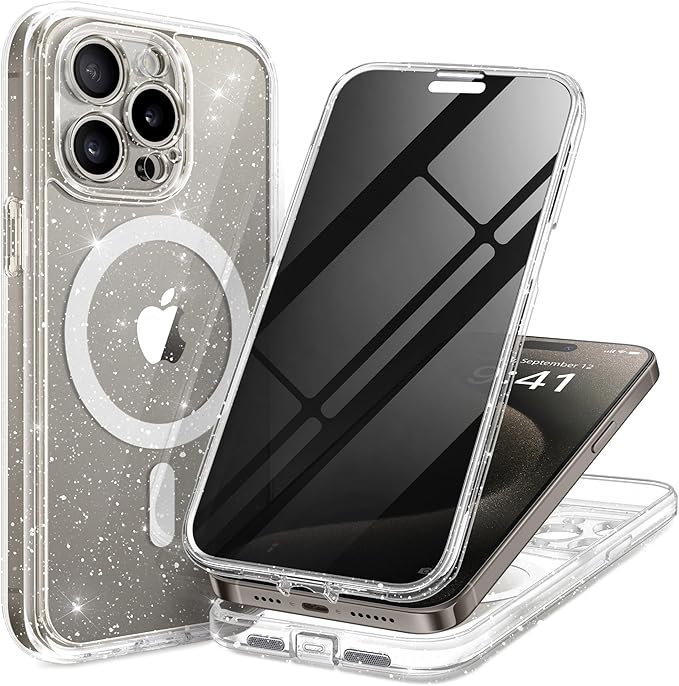 TIESZEN for iPhone 15 Pro Max Case, Compatible with MagSafe, Built-in Privacy Screen Protector and Camera Protection, Anti Spy Full Body Dustproof Shockproof Hard Phone Case 6.7", Shiny Clear