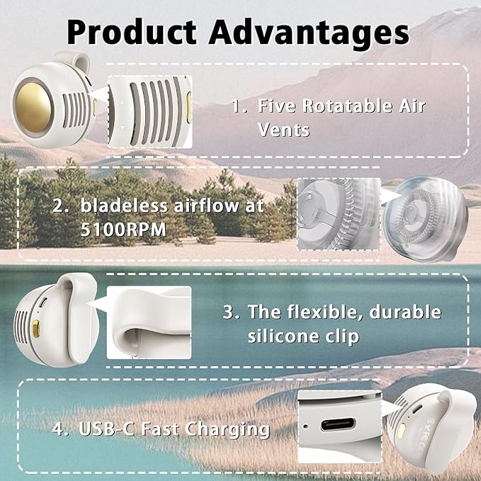 Portable Clip-On Fan, Mini USB Rechargeable 360° Rotatable Fan, 3-Speed Silent Mini Bladeless Fans (White and White)