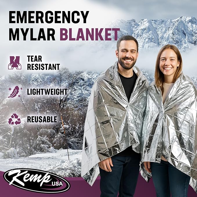 Kemp USA Emergency Mylar Blanket Lightweight Thermal Reflective Survival Blanket First Aid Disaster Preparedness Camping Vehicle Bug Out Bag Emergency Supply Gear (100)