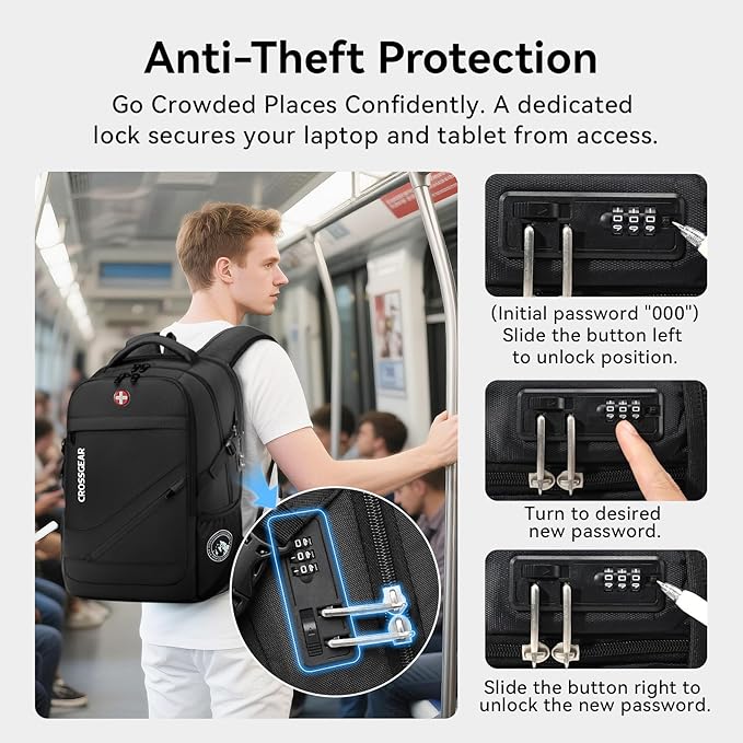 CROSSGEAR Travel Laptop Backpack Anti Theft Fits 17.3 Inch Laptop with USB-A Type C Port, Laptop Backpacks Personal Item Bag, Water Resistant Work Computer Bag for Women Men Flight Approved Black