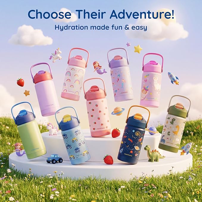 Mommore Kids Water Bottle 12 oz, Insulated Stainless Steel Water Bottle with Straw, Leakproof & BPA-Free, Vacuum Insulated Travel Water Bottle for School, Outdoor Rainbow-1 Pc