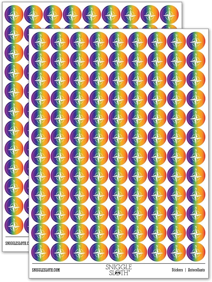 Compass Rose Nautical Star Navigation Map 200+ Round Stickers - Gloss Finish - 0.50" Size - Rainbow