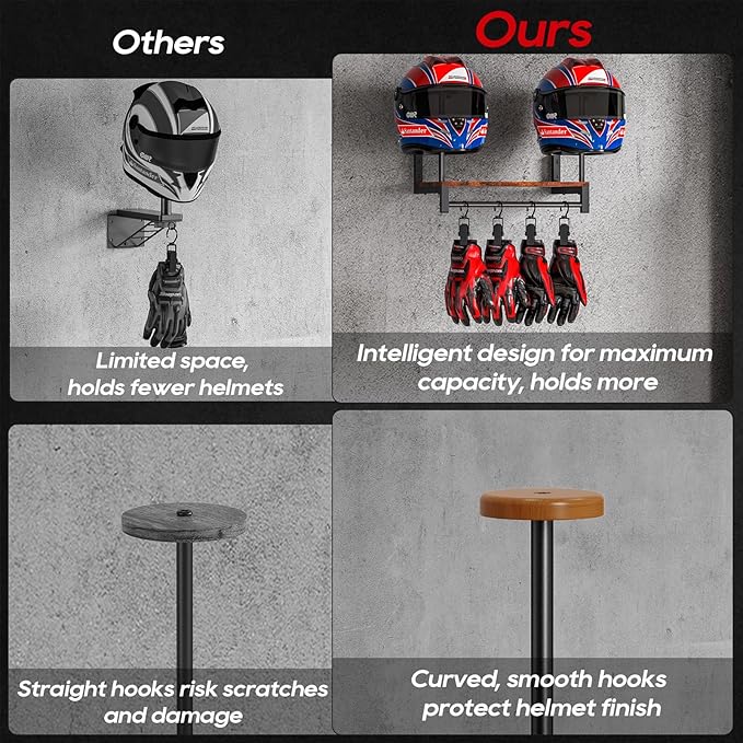 Motorcycle Helmet Holder Wall Mount, Helmet Rack with 4 Glove Clips, Motorcycle Gear Rack Storage, Motorcycle Accessories Organizer for Entryway or Garage