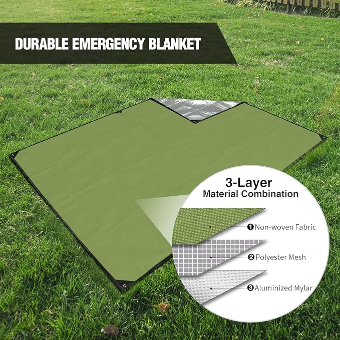 RedSwing Heavy Duty Survival Blanket, Waterproof Emergency Thermal Tarp, Multipurpose Reflective Insulated All Weather Blankets for Camping Hiking, Green,11.8 x 8.5 ft