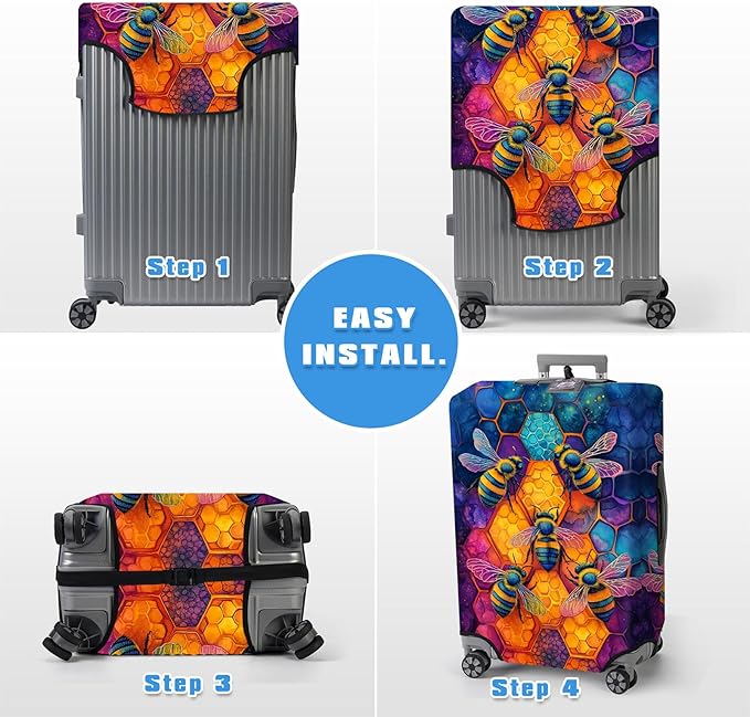 Luggage Cover Protector for 30-32 Inch Suitcases, TSA Approved Elastic Travel Suitcase Covers, Anti-Scratch Washable Luggage Sleeve for Carry On & Checked Bags, Illustration of Bees