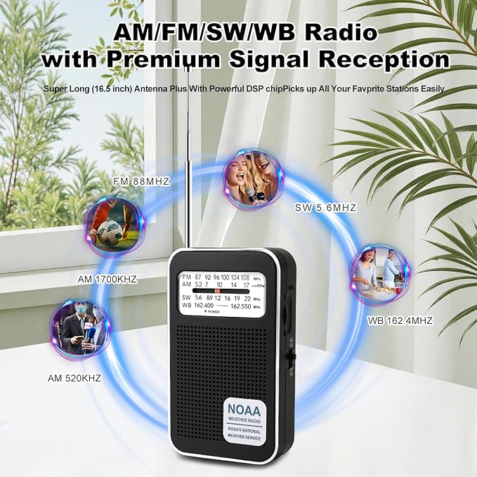 Portable Personal NOAA Weather Radio, 4-Band AM/FM/SW/WB Emergency Transistor Radio, Best Reception, Long Antenna, Dual Power, Type-C & 3.5mm Headphone Jack for Hurricane Camping Daily