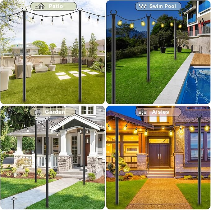NUERPO 7 Pack String Light Poles,Metal Poles for Hanging Outdoor Light Strings,7 Pack 10 FT Light Poles Stand for Outside Garden,Patio,Wedding,Backyard,Deck,Party