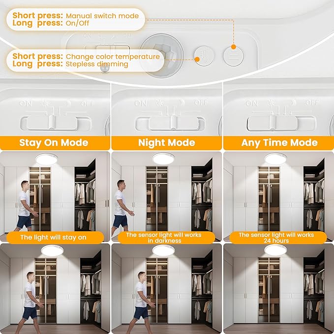 SunRider 12 Inch Rechargeable Motion Sensor LED Ceiling Light with Remote, Wireless Dimmable 3CCT Battery Operated LED Closet Lights for Stair, 2-Pack