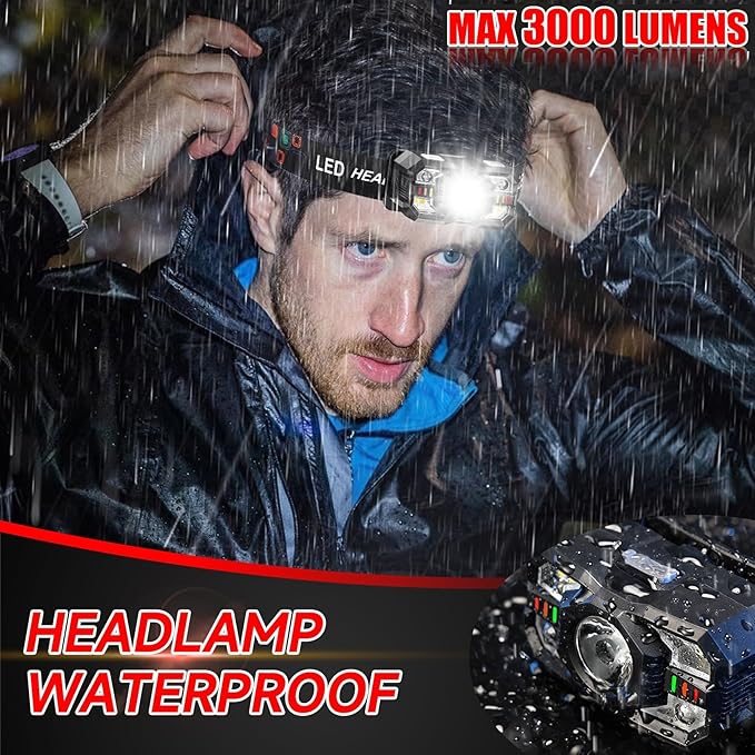 Headlamp Rechargeable 60Pack, 3000 Lumen Ultra-Light Bright Headlamp Flashlight with White Red Light, LED Headlight, 5+5 Mode for Outdoor Camping Fishing Running Hiking (60)