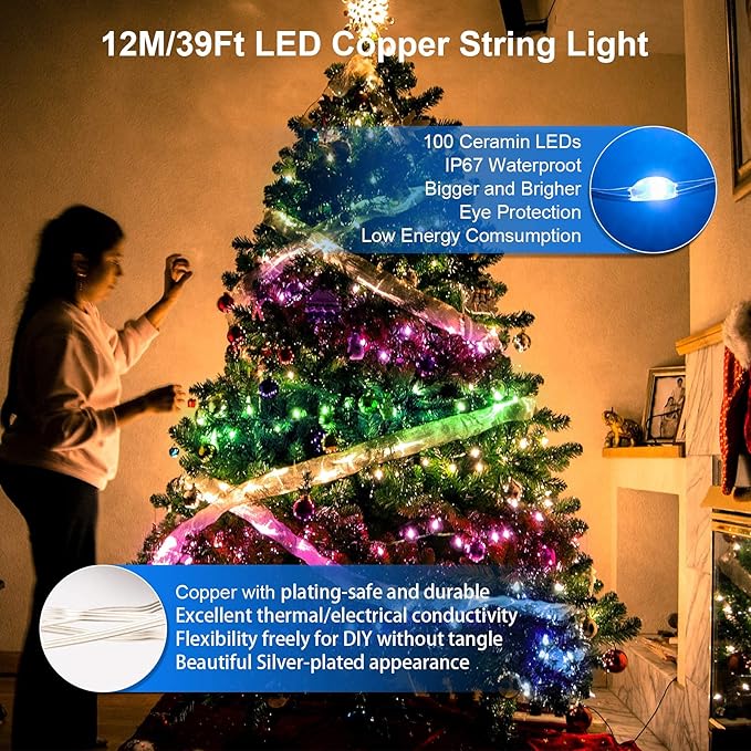 XEWEA Solar String Lights Outdoor, 40Ft 16 Colors 100 LED String Lights with 20 Modes Remote, Waterproof Solar Powered Lights for Garden Fence Paito Home Christmas Decorations