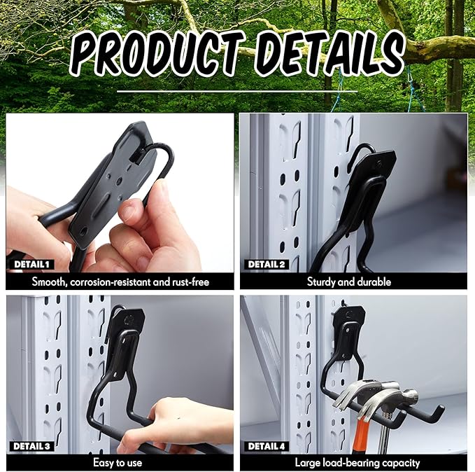 MorningRo 2 Pack Shed Accessories Multi Purpose Shed Hooks Metal Power Tool Holder for Large or Small Tools or Shovels, Black (Straight)