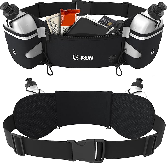 Q-RUN Hydration Running Belt with 2 x 10oz Water Bottles, No Bounce Adjustable Waist Belt for Men & Women, Marathon Running Gear