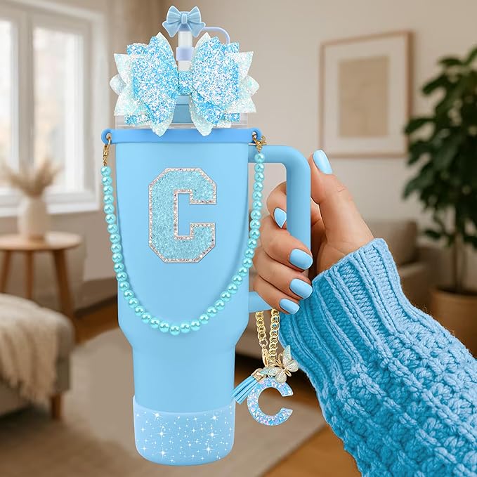 9PCS Blue for Stanley Cup Accessories Set Bling Initials Bow Charms for Stanley Decorations 30/40 Oz Tumbler Accessories Including Bow Straw Topper, Handle Strap, Spill Stopper（Letter C）