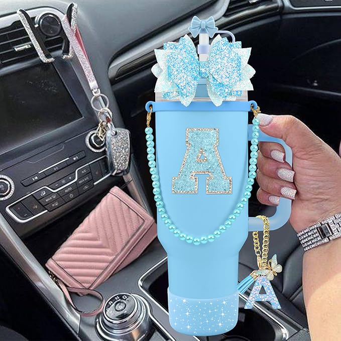 9PCS Blue for Stanley Cup Accessories Set Bling Initials Bow Charms for Stanley Decorations 30/40 Oz Tumbler Accessories Including Bow Straw Topper, Handle Strap, Spill Stopper（Letter A）