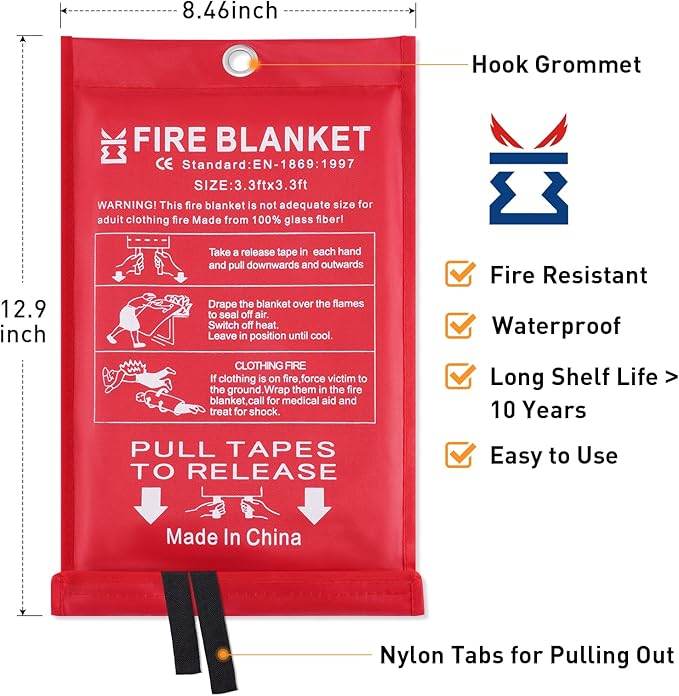 Fire Blanket for Home Emergency Survival – Fiberglass Suspend Fire Flames Suspension Blankets for Home and Kitchen School Grill Garage House Warehouse Safety (2pcs-FireBlankets)
