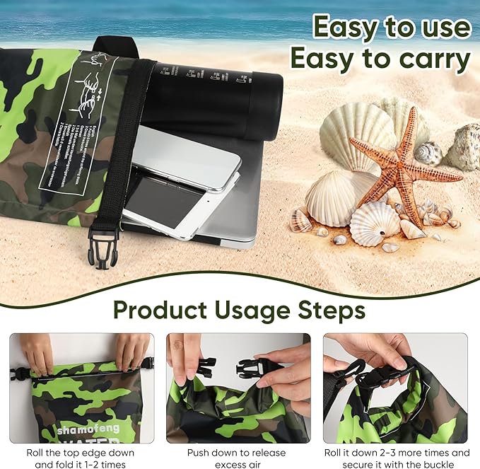 Waterproof Dry Bag 5L/10L/15L/20L/30L Roll Top Dry Storage Backpack with Phone Case, Collapsible Water Bottle, Sunglasses, Ear Band for Kayaking Boating Swimming Fishing Camping, Green 10L