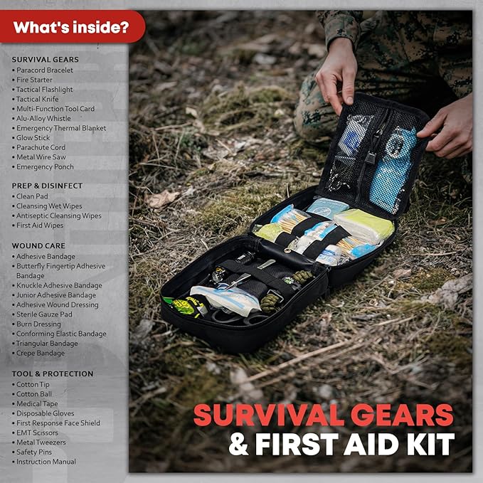 242Pcs Survival First Aid Kit Molle System IFAK Medical Kit for Camping Hiking Hunting Car&Home Emergency, Earthquake Preparedness Lightweight Tactical Kit for Outdoor Enthusiasts (Red)