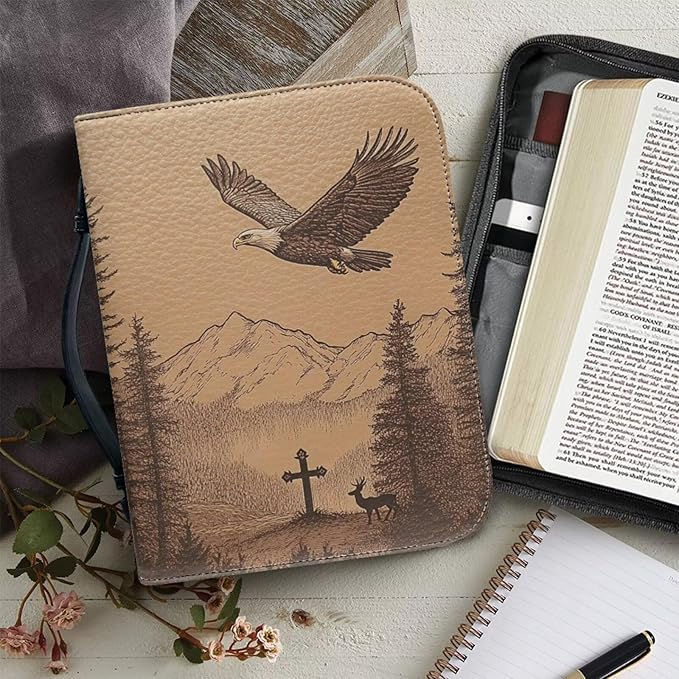 Bible Cover & Case for Men & Women - PU Leather with Bald Eagle Cross & Deer Design Ideal Gift for Christians Christmas Medium Bible Cover Bible Case Size