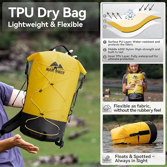 MARCHWAY Floating Roll Top Dry Bag, Flexible Lightweight TPU Waterproof Backpack 20L/30L/40L with Padded Straps for Boating, Kayaking, Swimming, Hiking, Beach (Yellow, 40L)