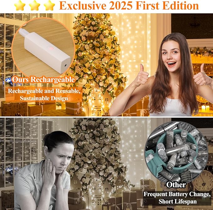 Lakumu 33FT 100 LED Fairy Lights: Rechargeable Battery Operated, Timer for Christmas Decorations, Bedroom, Tree, Wedding,Table Decor, Warm White
