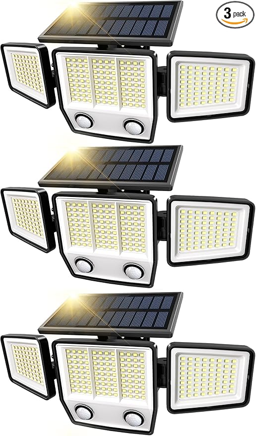 MDCMDCM Solar Motion Sensor Outdoor Lights Waterproof - 3000LM 3 Modes Security Lights Outdoor 270° Illumination IP65 LED Solar Flood Wall Light for Garden Yard Patio Pathway (Modern, 3)