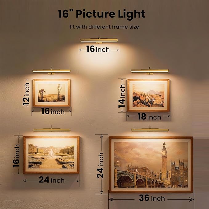 Wireless Picture Light Battery Operated, 1Pack Remote Control Painting Light with Timer, 13Hrs Service Life Art Display Light for Picture Frame Artworking Portrait, Poster, Photo, Mirror_Antique Gold