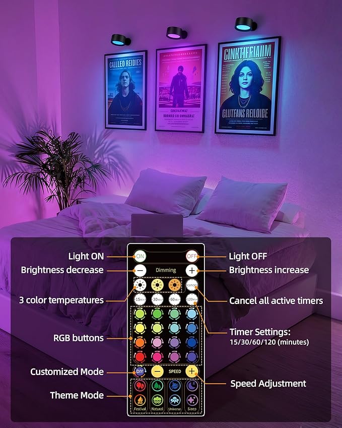 Wall Mounted Lights, 2 Pack Rechargeable RGB Color Changing Light, 3 Color Temps & Remote and Touch, 360° Rotation Dimmable Cordless for Study Bedroom Reading Bedside (Black)