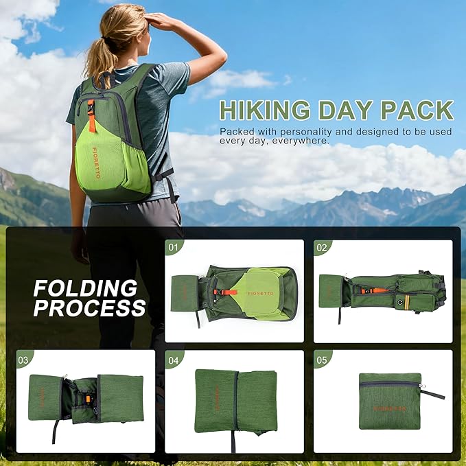 FIORETTO 20L Hiking Backpack for Women Men Mini Packable Backpack Lightweight Small Daypack for Camping Travel Outdoor, Green