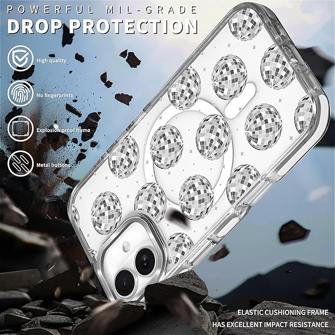Case for iPhone 16 Plus,[Compatible with MagSafe],Disco Ball Grayish White Phone Case Design，for Women Girls Magnetic Clear Cover - Slim, Sleek, & Shockproof Protection