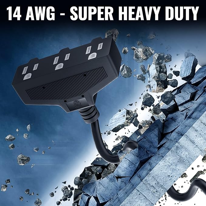 Outdoor Extension Cord 25 Ft with 3 Outlets, 14/3 SJTW 3 Prong Grounded Power Cord, 14 Gauge 14AWG Heavy Duty Power Cable, ETL Listed, 15 Amp 125 V 1875 W-Multiple Outlets for Indoor/Outdoor-Black