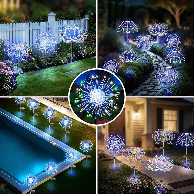 Solar Garden Lights Outdoor, 4 Pack 120 LED Twinkling Firework Lights Decorative with 2 Modes, Outdoor Waterproof Solar Starburst Light for Yard Pathway Planter Patio Decor, Multicolor