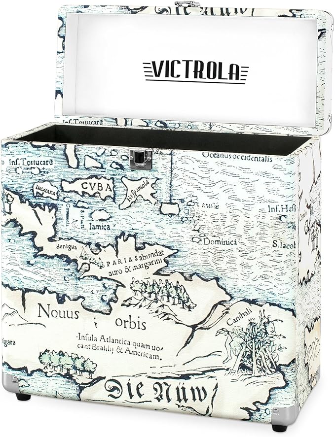 Victrola Collector – Record Storage Case – Holds 30+ Vinyl Turntable Records, Heavy-Duty Hardware, Hinges, & Smart Metal Corners, Portable with Easy-Carry Handle (Retro Map)