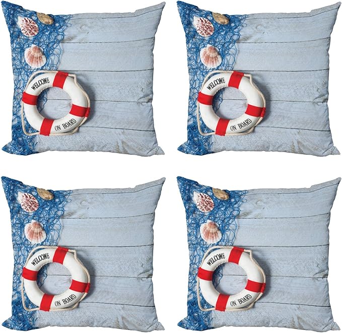 Ambesonne Coastal Throw Pillow Cushion Case Pack of 4, Welcome on Board Message on Life with Fishing Net Seashell Wood Floor of Boat, Modern Accent Double-Sided Digital Printing, 18", Dust Blue