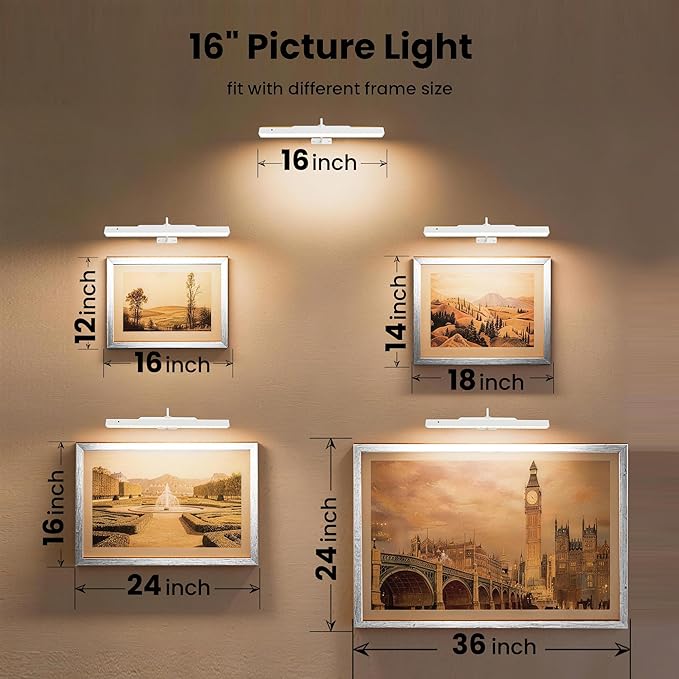 Picture Light with Remote - 16in White Rechargeable Battery Wall Light for Paintings, Cordless Wall Sconce for Art Painting & Photo Frames, 5000mAh with Timer, 350LM Brightness (3-Pack)